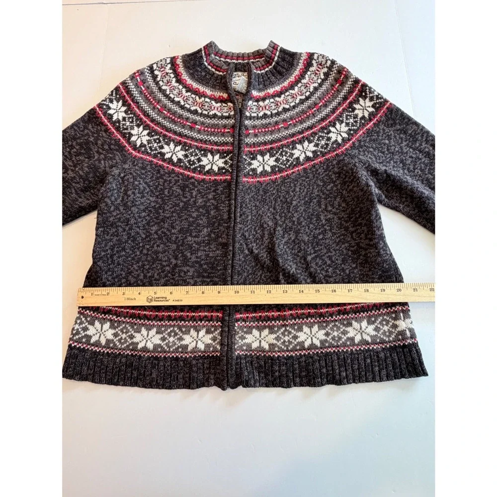 Heirloom Collectibles Womens Fair Isle Zip Cardigan Sweater Gray Red Snowflake L